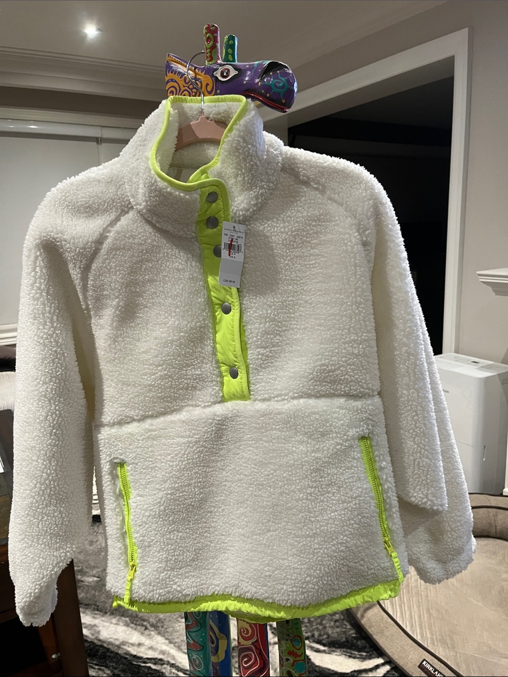 New American Eagle Outfitters Popover Fleece Sweater White/Neon Green Sz S